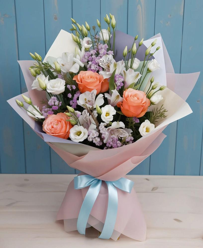 Букет цветов из: Лизиантусы, Розы, Альстромерии и Гипсофила в Кольчугино